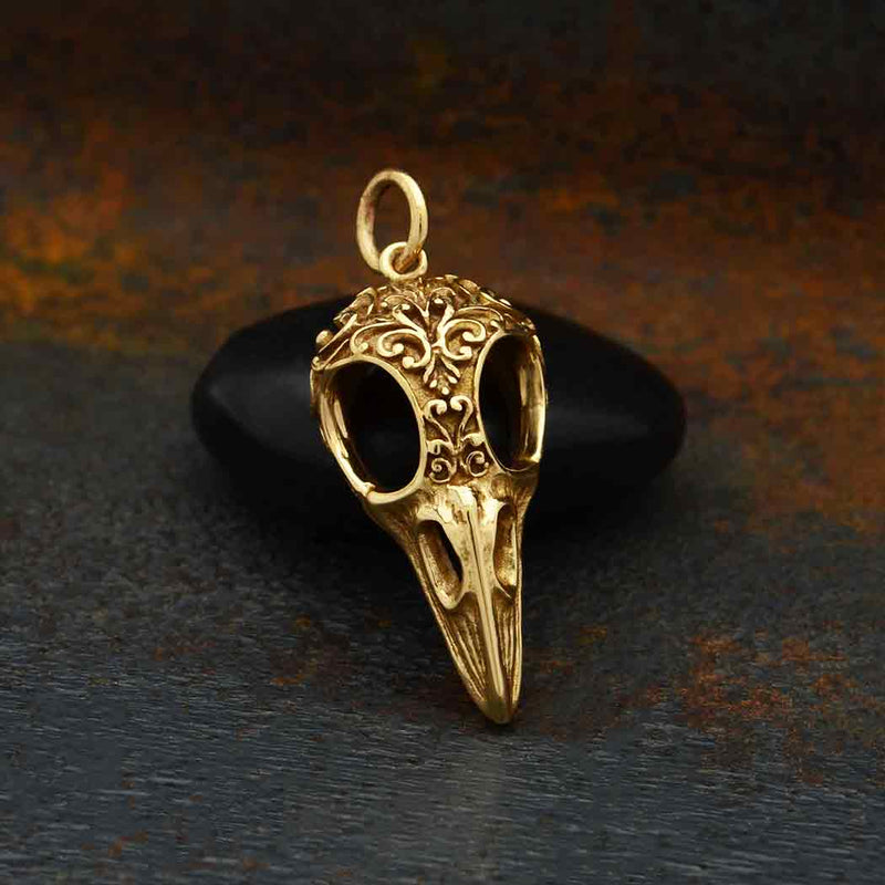 Silver Raven Skull Charm with Scroll Carving