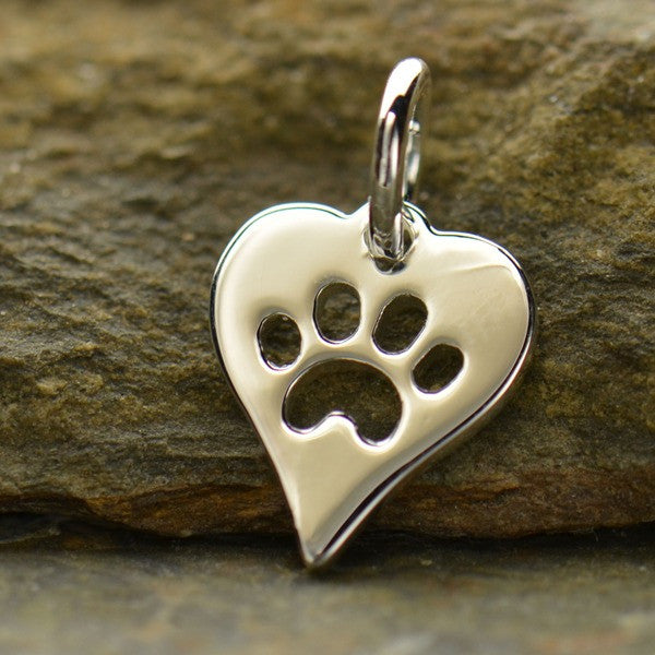 Sterling Silver Heart with Paw Print Charm - Poppies Beads n' More