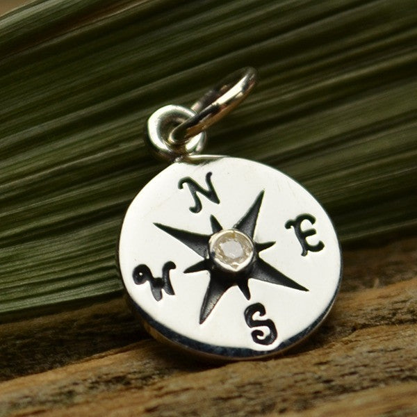 Sterling Silver Compass Charm with 1-pt Diamond - Poppies Beads n' More