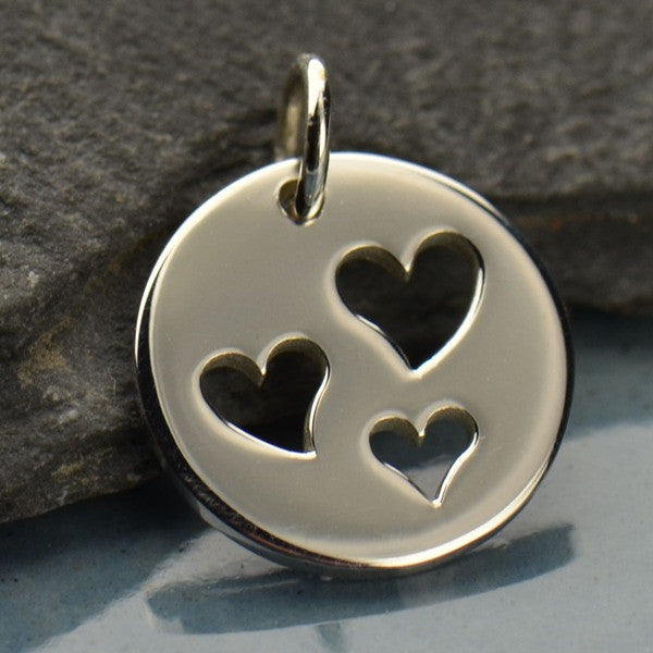 Sterling Silver Disk with Three Heart Cutouts - Poppies Beads n' More