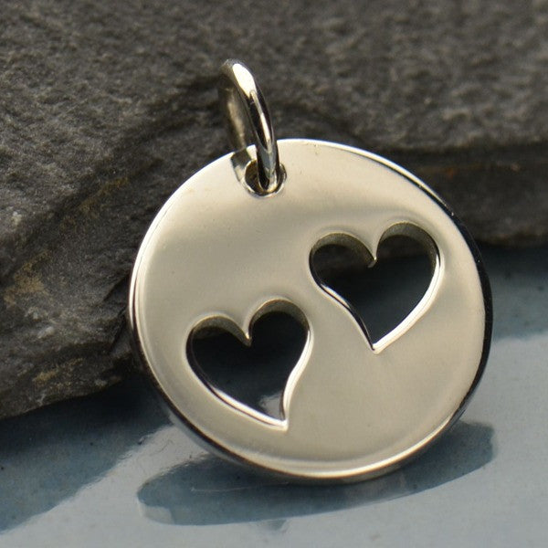 Sterling Silver Disk with Two Heart Cutouts - Poppies Beads n' More