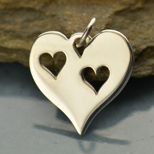 Sterling Silver Heart Charm with Two Heart Cutouts - Poppies Beads n' More