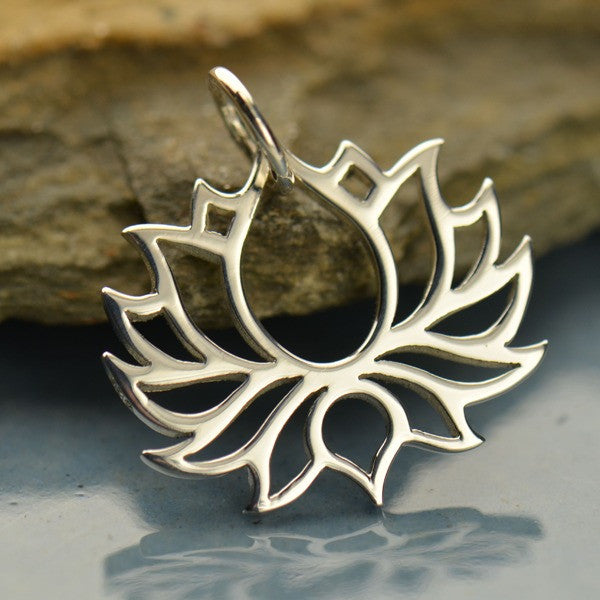 Sterling Silver Wide Symmetrical Blooming Lotus Charm - Poppies Beads n' More