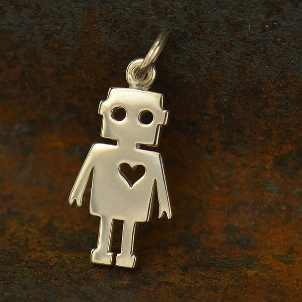 Sterling Silver Cut Out Robot Charm - Poppies Beads n' More