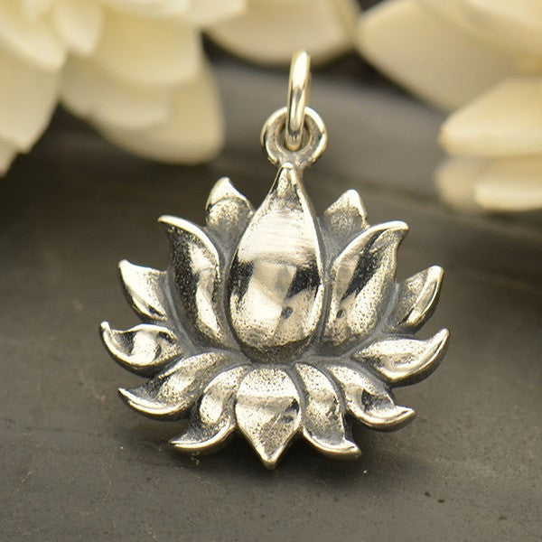 Large Sterling Silver Textured Blooming Lotus Charm - Poppies Beads n' More