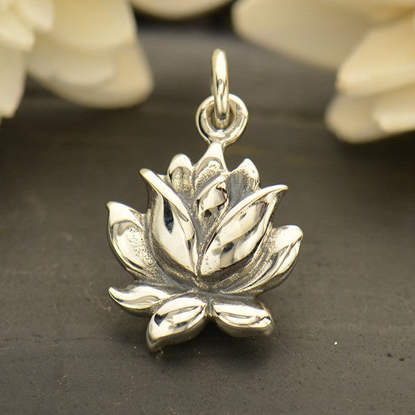 Medium Sterling Silver Textured Blooming Lotus Charm - Poppies Beads n' More