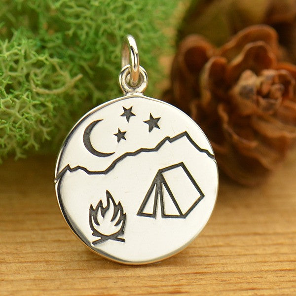 Sterling Silver Campfire Mountain Scene Pendant - Poppies Beads n' More