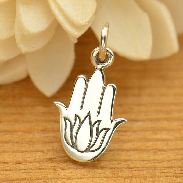 Sterling Silver Hamsa Hand with Etched Lotus - Poppies Beads n' More