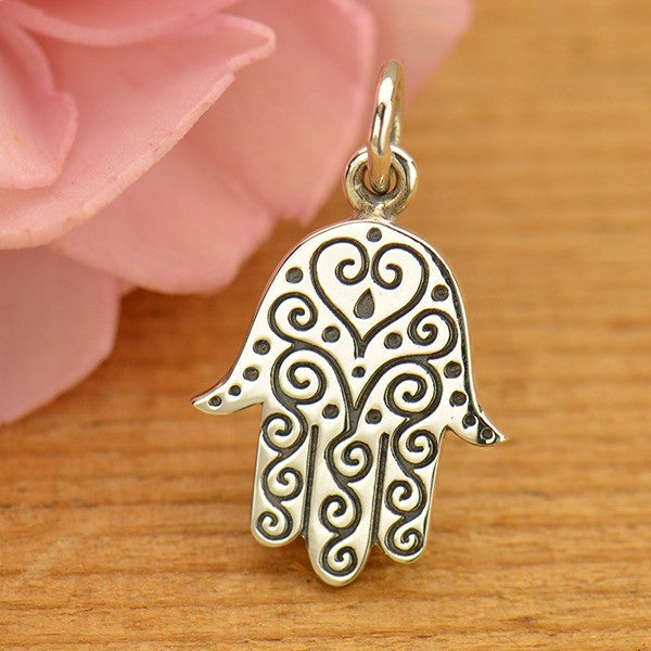 Sterling Silver Hamsa Hand with Etched Swirl Pattern - Poppies Beads n' More