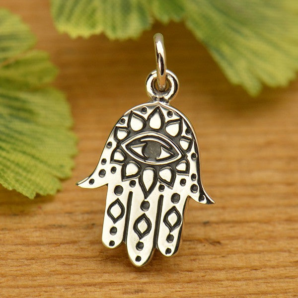 Sterling Silver Hamsa Hand with Etched Evil Eye - Poppies Beads n' More