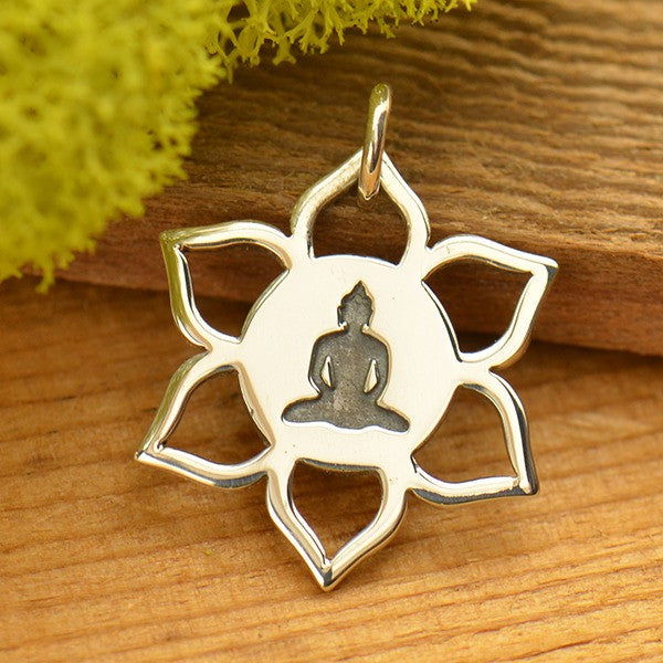 Sterling Silver Meditation Buddha on Lotus Charm - Poppies Beads n' More