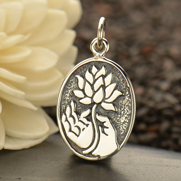 Sterling Silver Buddha Hand Holding a Lotus - Poppies Beads n' More