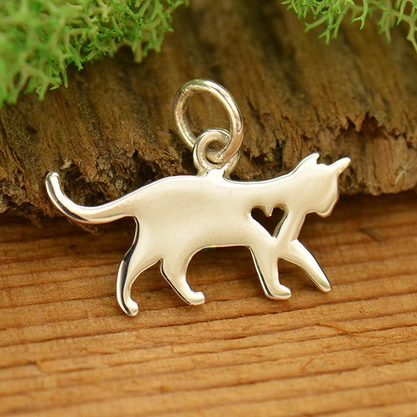 Sterling Silver Silhouetted Cat Charm - Poppies Beads n' More