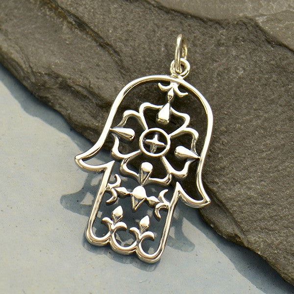 Sterling Silver Large Hamsa Hand Pendant - Poppies Beads n' More