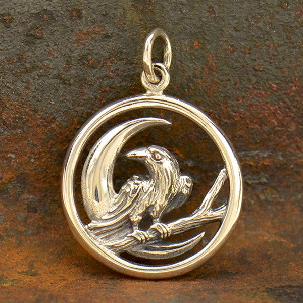 Sterling Silver Raven and Moon Charm - Raven Charm - Poppies Beads n' More