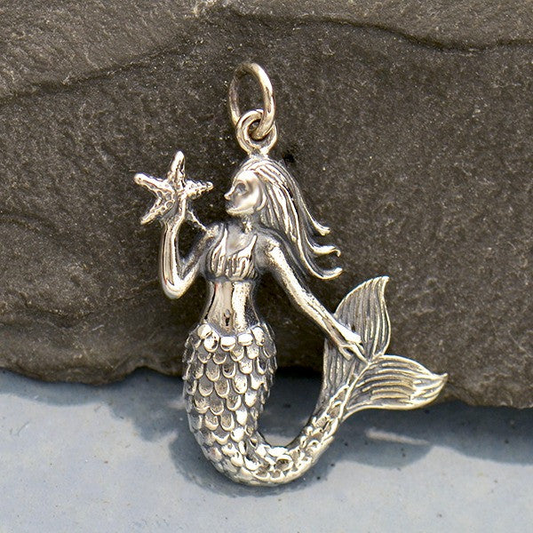 Silver Mermaid Pendant Holding a Starfish - Mermaid Charm - Poppies Beads n' More