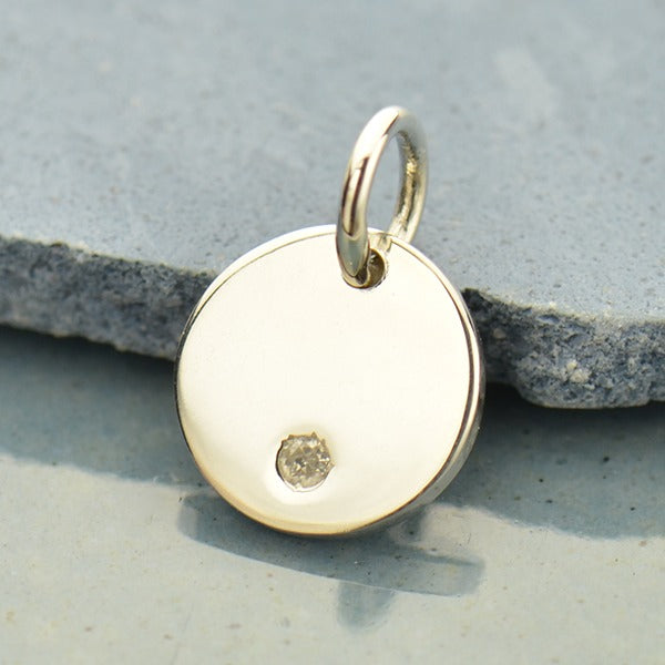Small Round Charm with Genuine Diamond, - Poppies Beads n' More