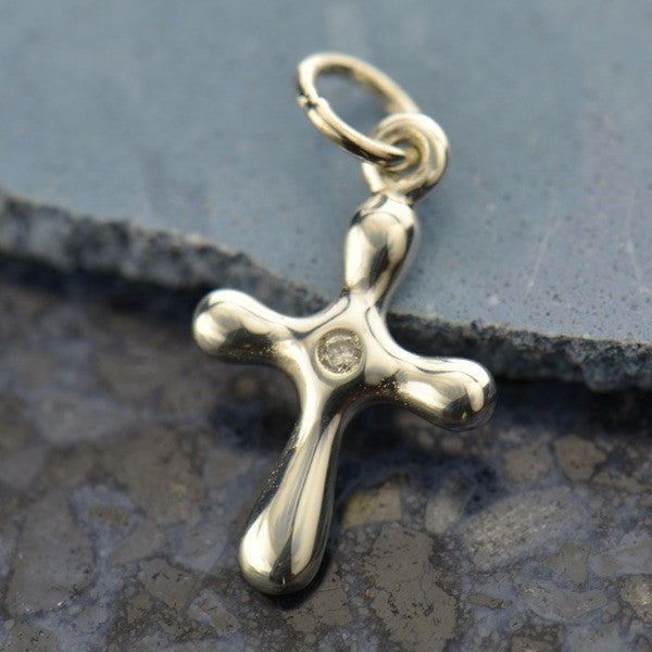 Small Sterling Silver Cross Charm with Genuine 1 Point Diamond - Poppies Beads n' More
