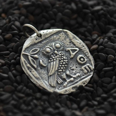 Sterling Silver Ancient Coin Charm with Athena's Owl - Poppies Beads n' More