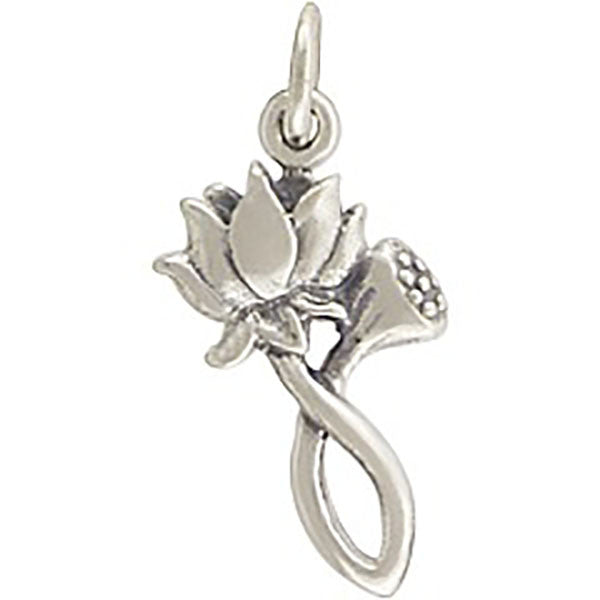Sterling Silver Textured Lotus Blossom and Bud Charm - Poppies Beads n' More