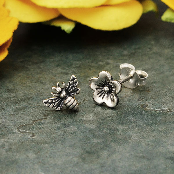 Sterling Silver Post Earrings Cherry Blossom and Bee - Poppies Beads n' More