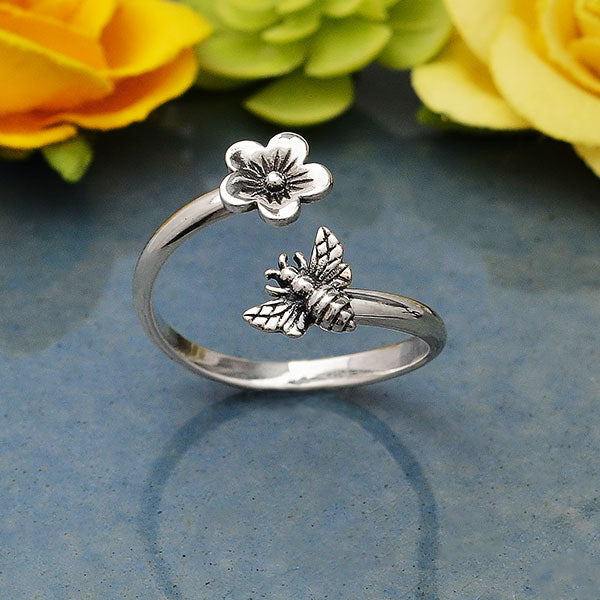 Sterling Silver Bee and Cherry Blossom Adjustable Ring - Poppies Beads n' More