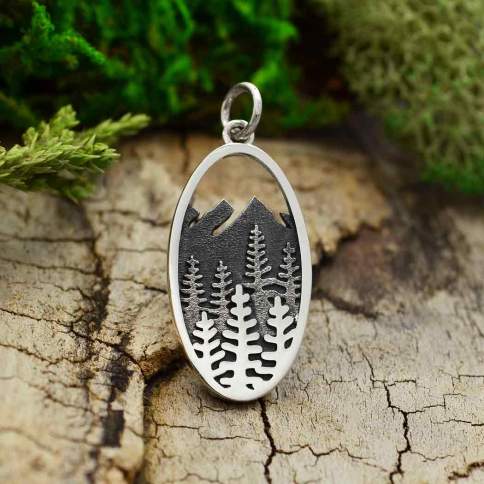 Sterling Silver Layered Tree and Mountain Oval Charm - Poppies Beads n' More