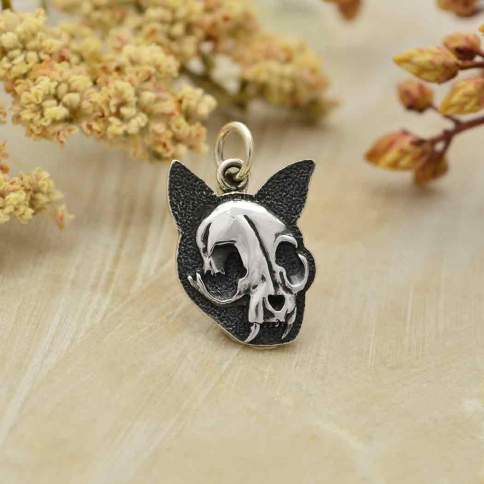 Sterling Silver Flat Cat Skull Charm - Poppies Beads n' More
