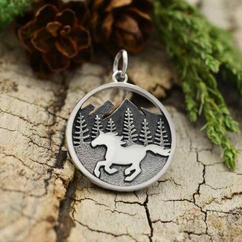 Sterling Silver Horse Running in Mountains Pendant - Poppies Beads n' More