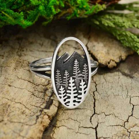 Sterling Silver Layered Trees and Mountains Oval Ring - Poppies Beads n' More
