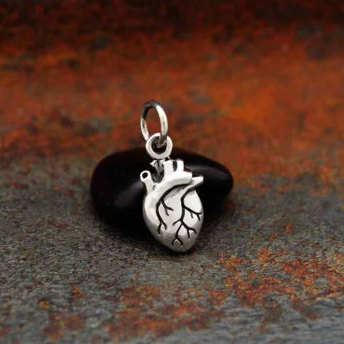 Sterling Silver Mini Anatomical Heart Charm - Poppies Beads n' More