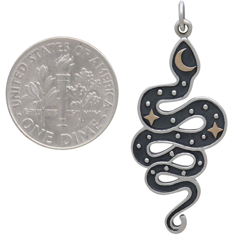 Silver Snake Pendant with Bronze Moon and Stars - Poppies Beads n' More