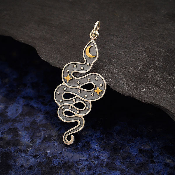 Silver Snake Pendant with Bronze Moon and Stars - Poppies Beads n' More