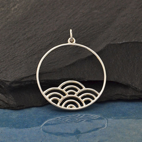 Sterling Silver Circle Charm with Wave Pattern - Poppies Beads n' More
