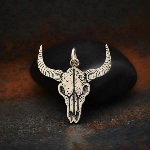 Sterling Silver Flat Cow Skull Pendant - Poppies Beads n' More