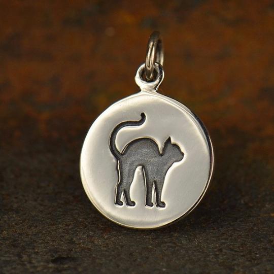 Sterling Silver Etched Halloween Cat Charm, - Poppies Beads n' More
