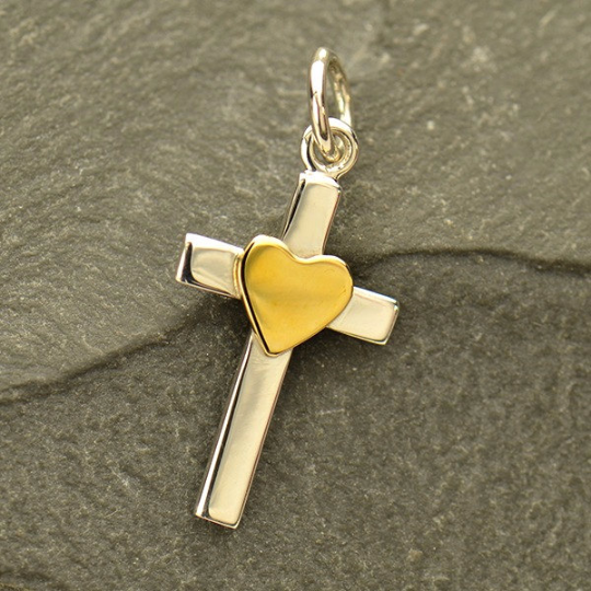 Sterling Silver Cross Charm with Bronze Heart - Poppies Beads n' More