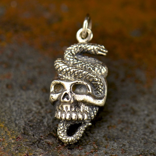 Sterling Silver Snake and Skull Pendant - Halloween Charms - Poppies Beads n' More