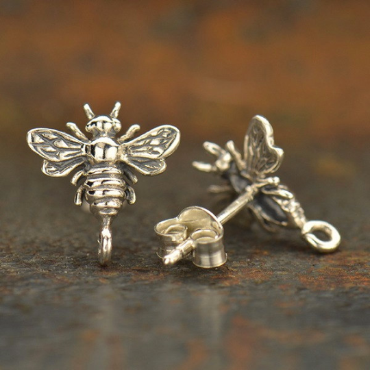 Sterling Silver Bumble Bee Post Earrings with Loop - Poppies Beads n' More