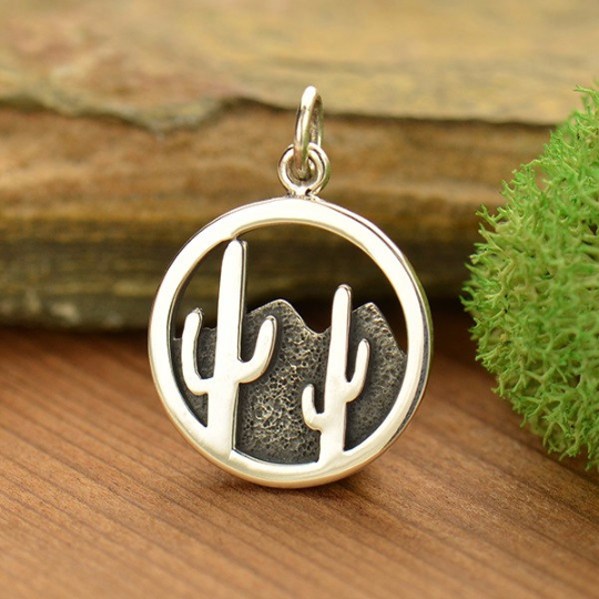 Sterling Silver Cactus and Desert Mountain Charm - Poppies Beads n' More