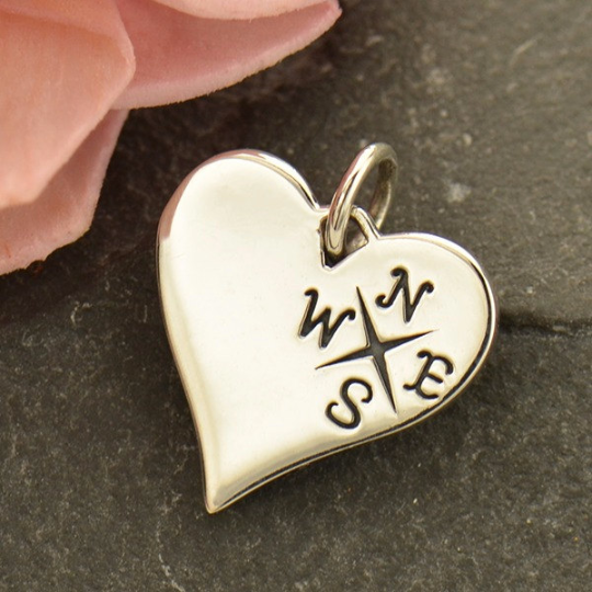 Sterling Silver Compass Heart Charm - Poppies Beads n' More