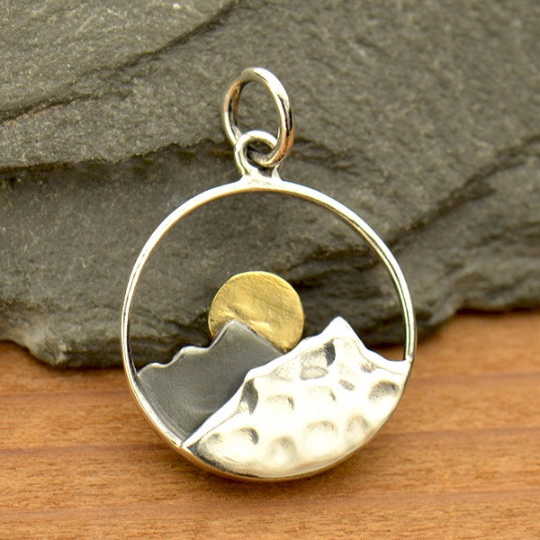 Sterling Silver Mountain Range Pendant with Bronze Sun - Poppies Beads n' More