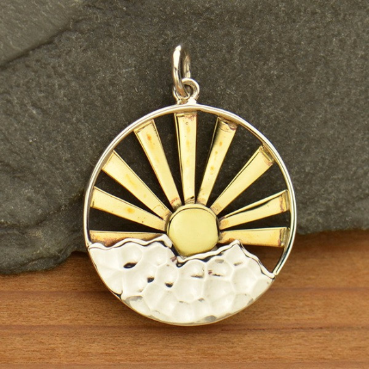 Sterling Silver Mountain Range Pendant with Bronze Sun Rays - Poppies Beads n' More