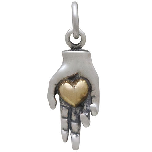 Sterling Silver Charm Hand Holding Bronze Heart - Poppies Beads n' More