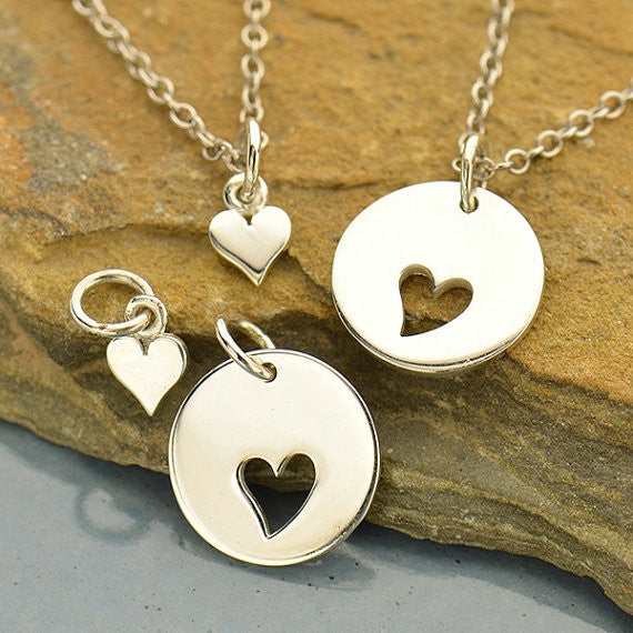 Sterling Silver Mother Daughter Disk with Cutout Heart Set - Poppies Beads n' More