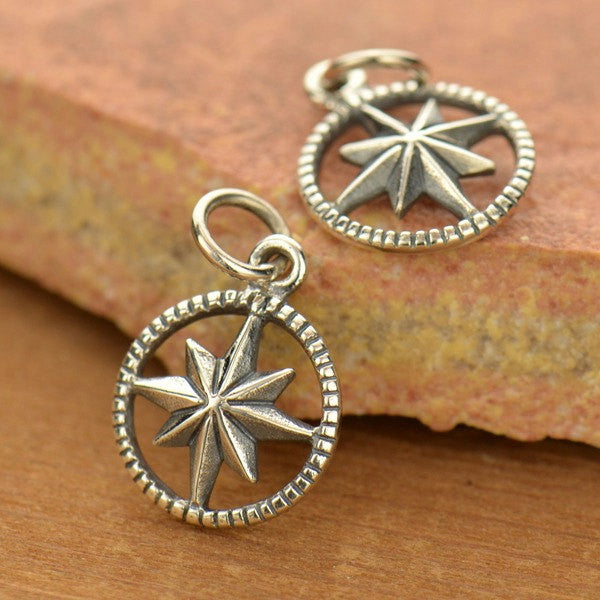 Sterling Silver Starburst Compass Charm - Poppies Beads n' More