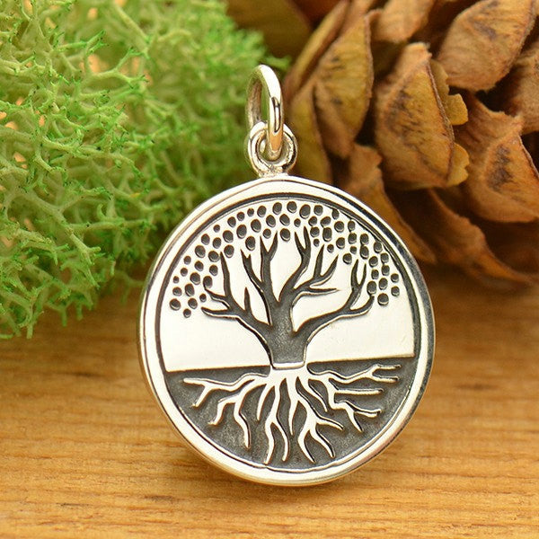 Sterling Silver Etched Tree of Life with Roots Charm - Poppies Beads n' More