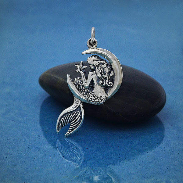 Sterling Silver Mermaid on the Moon Pendant - Poppies Beads n' More