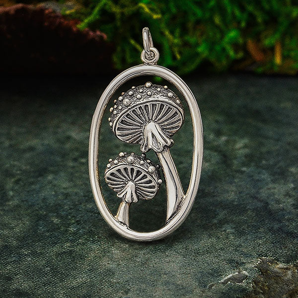 Sterling Silver Agaric Mushroom Pendant in Oval - Poppies Beads n' More