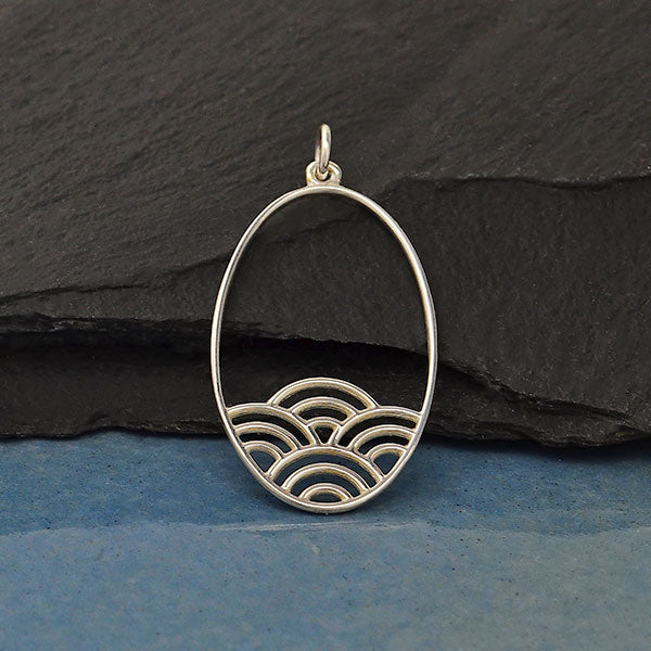 Sterling Silver Oval Charm with Wave Pattern - Poppies Beads n' More